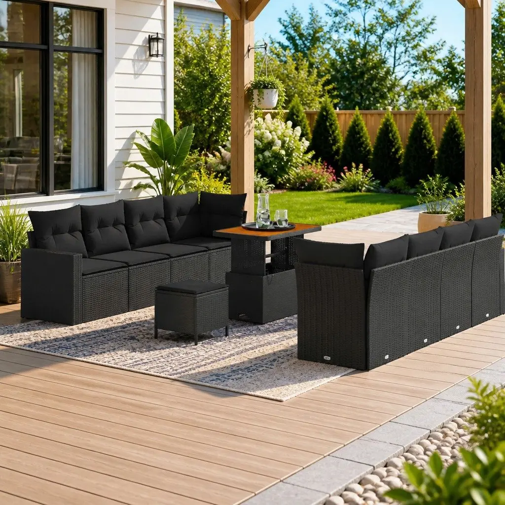 Modular Garden Sofa Set 12 Piece Black Poly Rattan Cushion Sectional Lounge