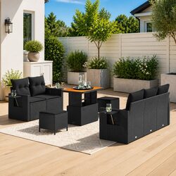 Outdoor Garden Sofa Set 10 Pieces Modular Black Poly Rattan With Cushions