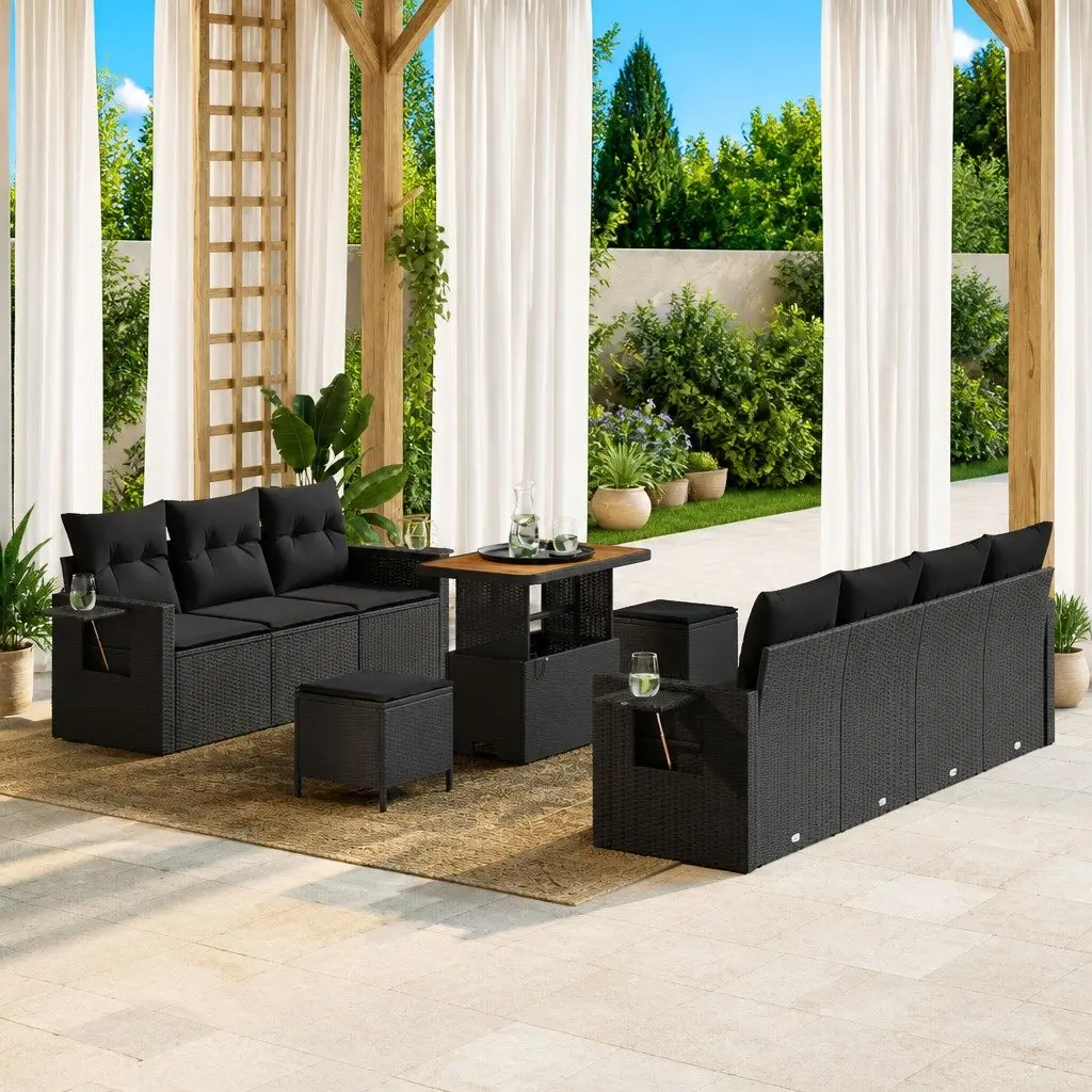Modular Garden Sofa Set 10 Pieces Black Poly Rattan Outdoor Seating with Storage