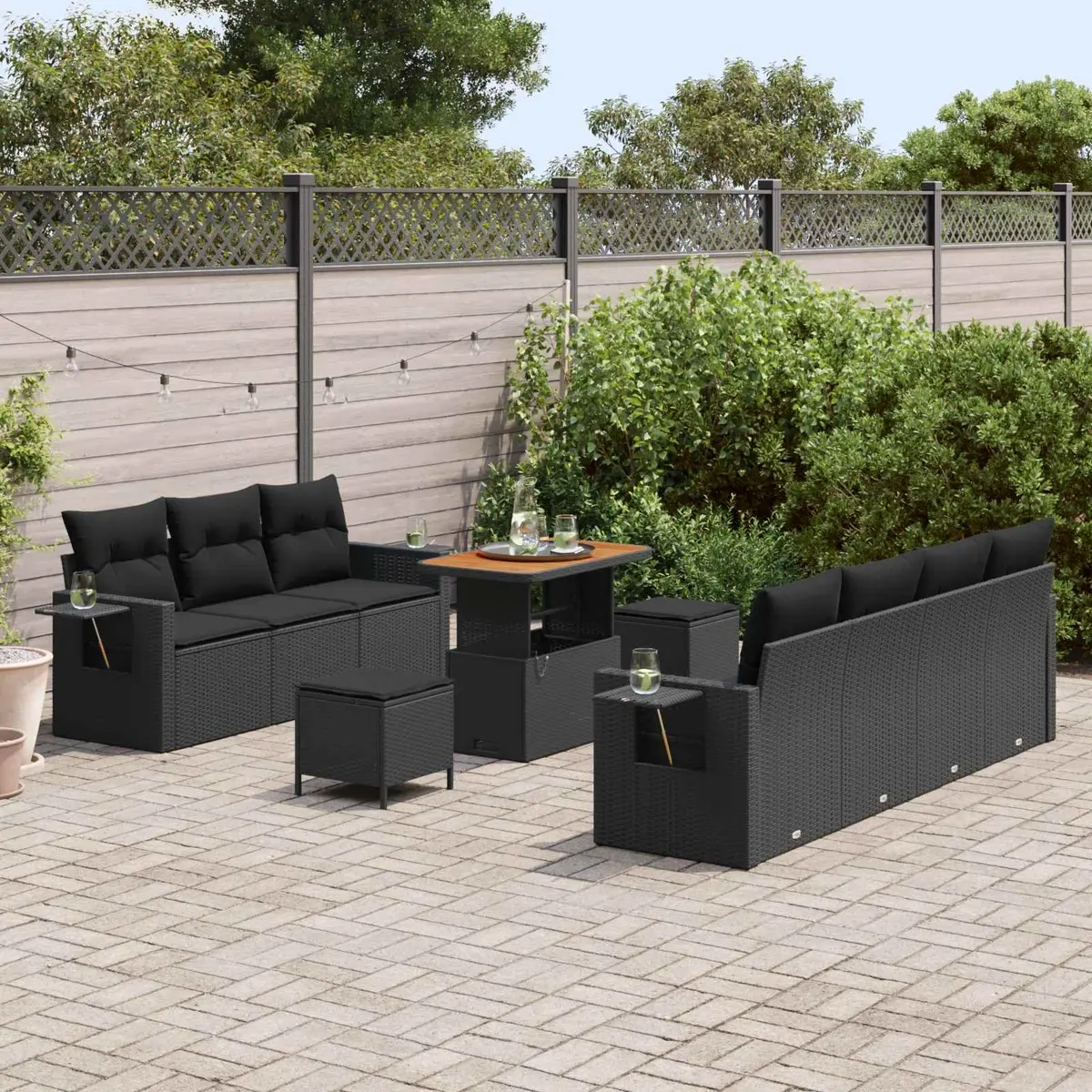 Modular Garden Sofa Set 10 Pieces Black Poly Rattan Outdoor Seating with Storage