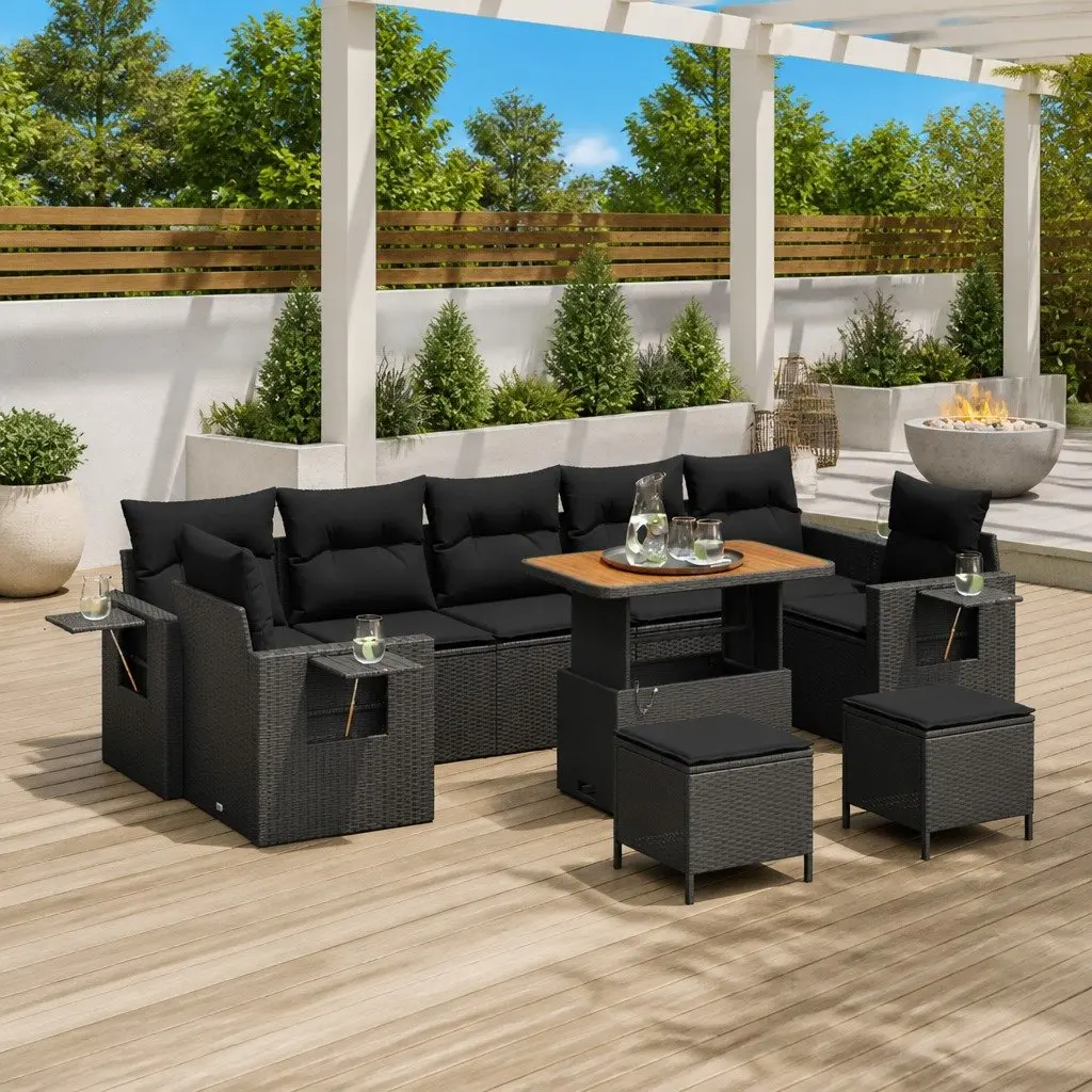 Modular Garden Sofa Set Black Poly Rattan Outdoor Lounge Sectional Seating