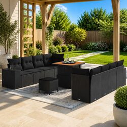 Modular Garden Sofa Set 11 Piece Outdoor Seating Black Poly Rattan Patio