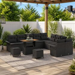Outdoor Garden Sofa Set 13 pcs Black Poly Rattan Patio Furniture with Storage