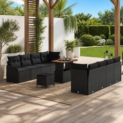 Outdoor Garden Sofa Set Modular 11 Pcs Black Poly Rattan Seating with Storage