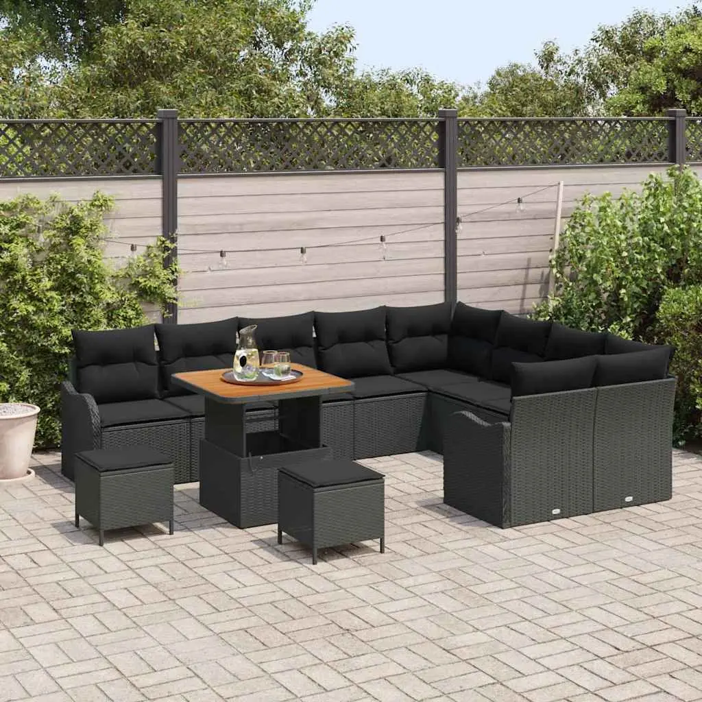 Modular Garden Sofa Set 12 Pieces Black Poly Rattan Powder-coated Steel Acacia Wood