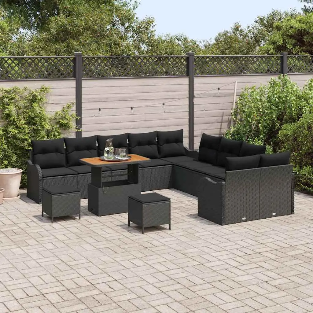Outdoor Garden Sofa Set 13 Pieces Black Poly Rattan Patio Seating with Storage