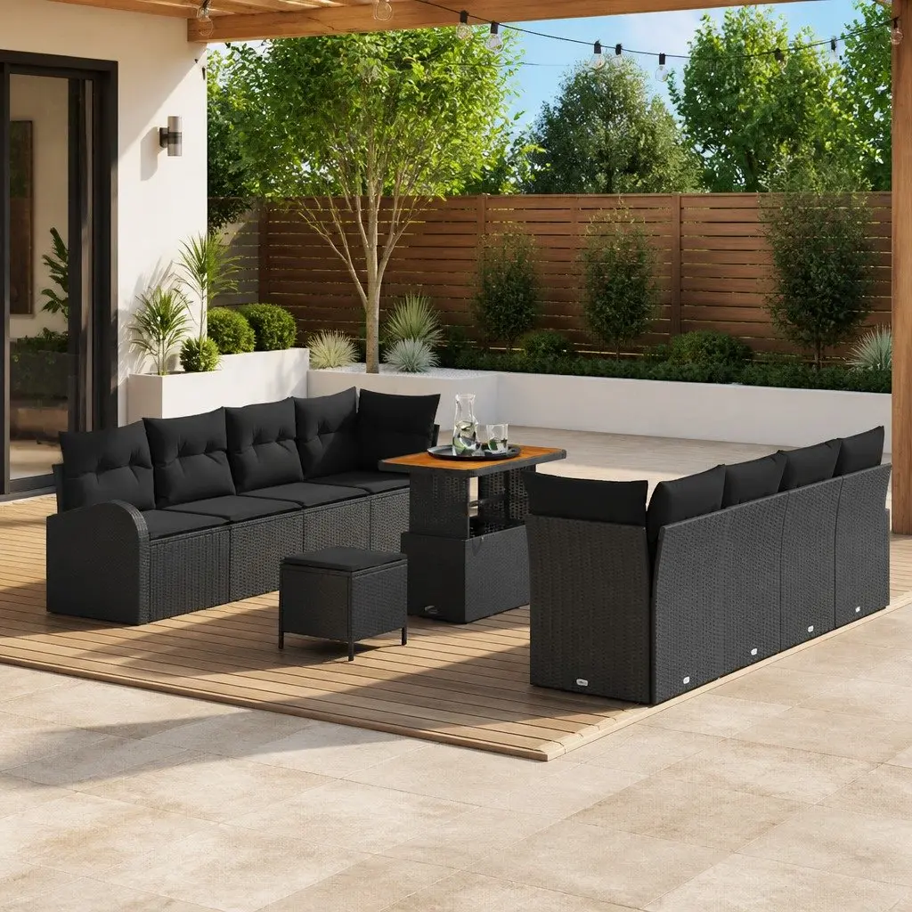 Outdoor Garden Sofa Set 11 Piece Modular Black Poly Rattan with Storage Cushions