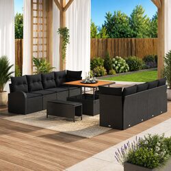 Outdoor Garden Sofa Set 11 Pieces Black Poly Rattan Patio Seating with Storage