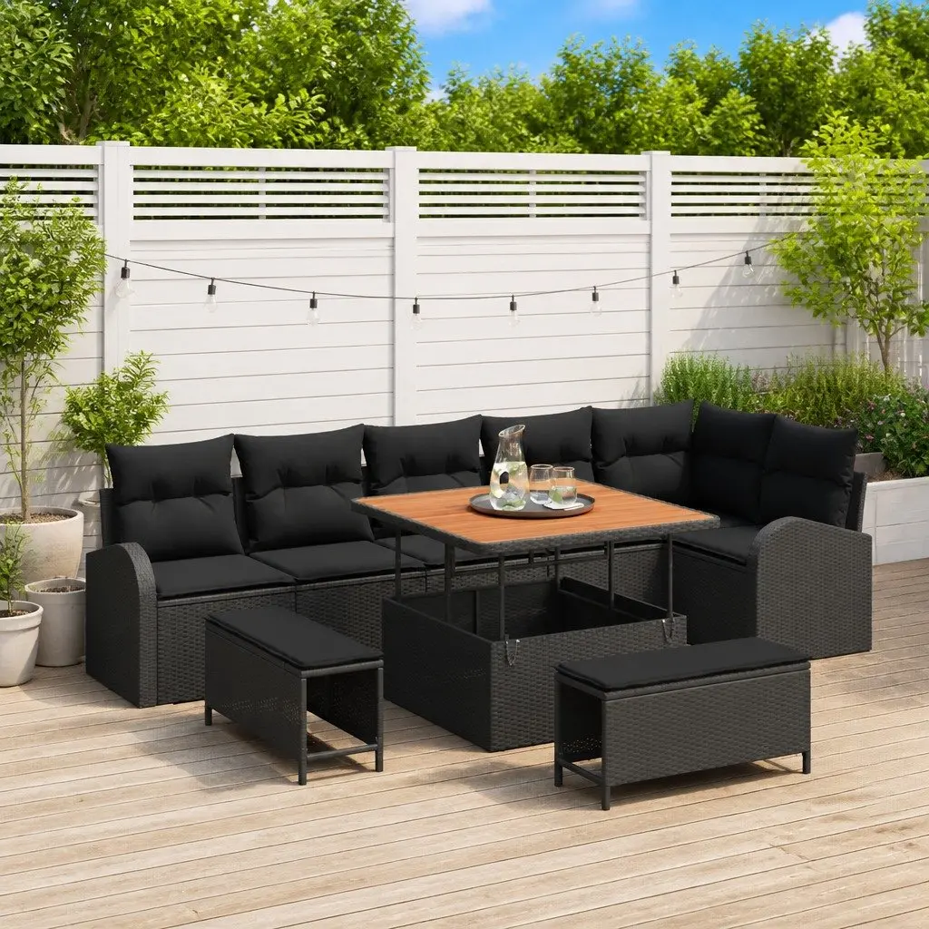 Outdoor Garden Sofa Set 9 Piece Modular with Storage Compartments Black Poly Rattan and Acacia Wood