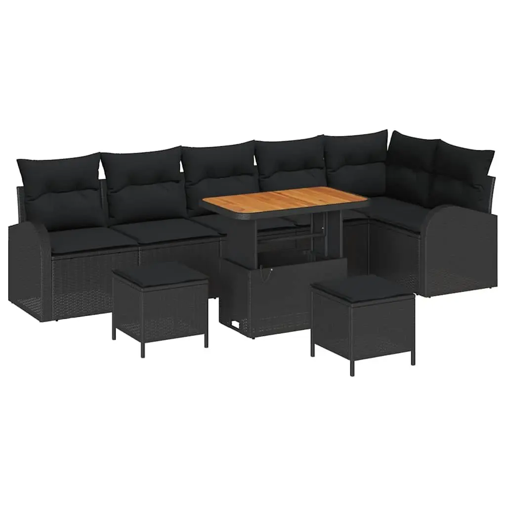 Outdoor Garden Sofa Set Storage Compartment 9 Pieces Black Poly Rattan Steel Acacia Wood