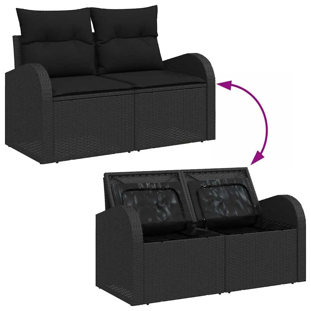 Outdoor Garden Sofa Set Storage Compartment 9 Pieces Black Poly Rattan Steel Acacia Wood