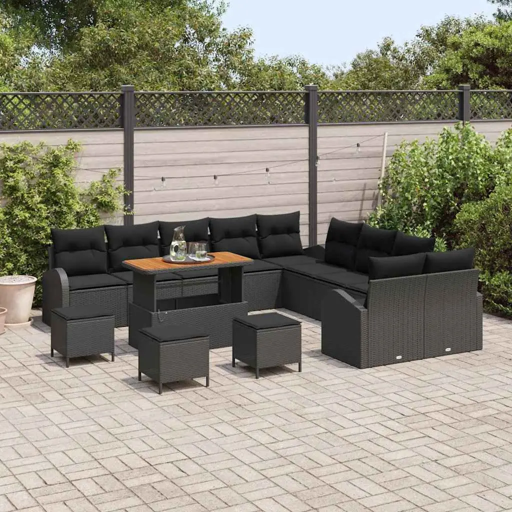 Outdoor Garden Sofa Set Cushioned Seats with Storage 14 Pieces Black Poly Rattan Acacia Wood