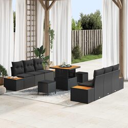 Outdoor Garden Sofa Set 9pcs Modular Black Poly Rattan Acacia Wood Patio