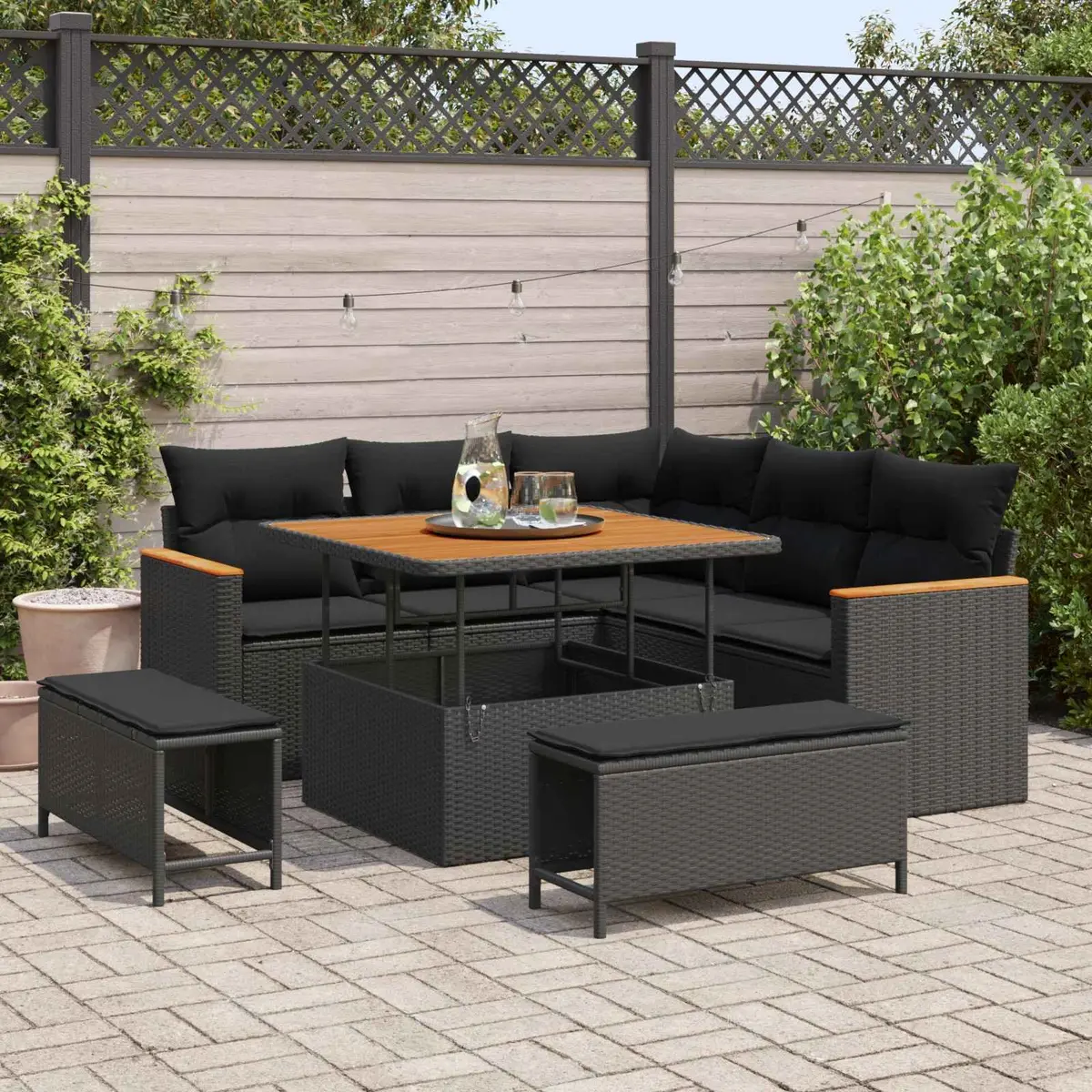 Modular Garden Sofa Set 8 Pieces Black Poly Rattan Outdoor Seating with Storage
