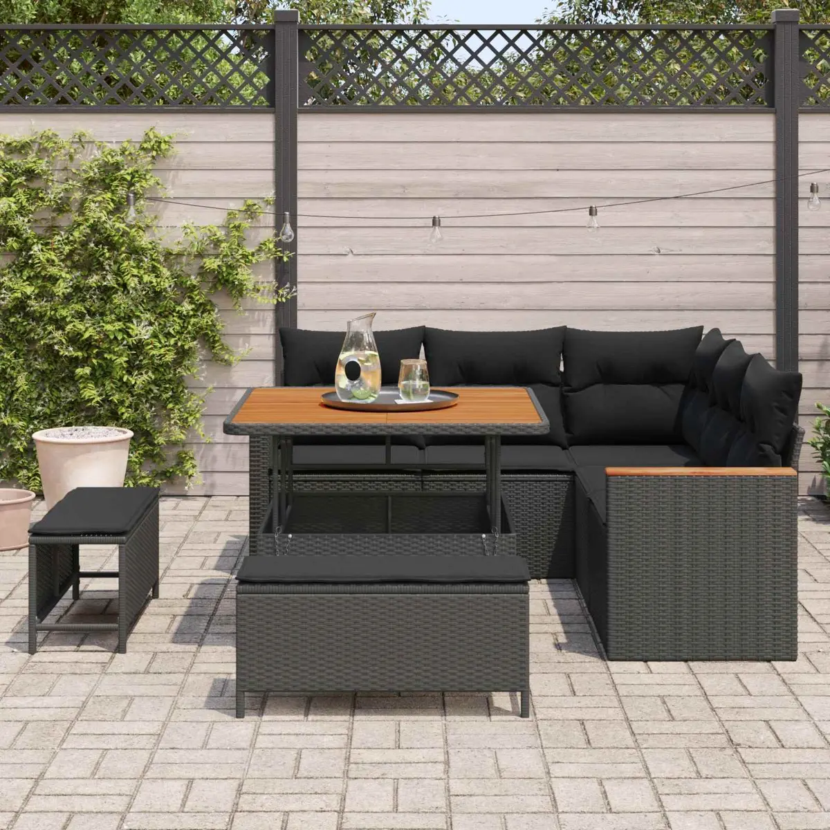 Modular Garden Sofa Set 8 Pieces Black Poly Rattan Outdoor Seating with Storage