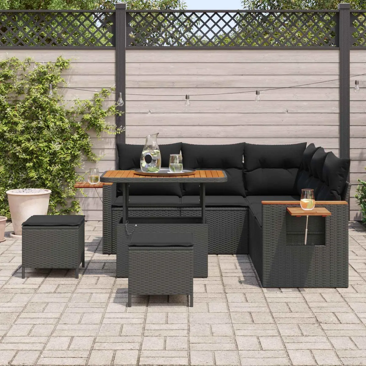 Modular Garden Sofa Set 9 Pieces Black Poly Rattan Outdoor Seating Cushions