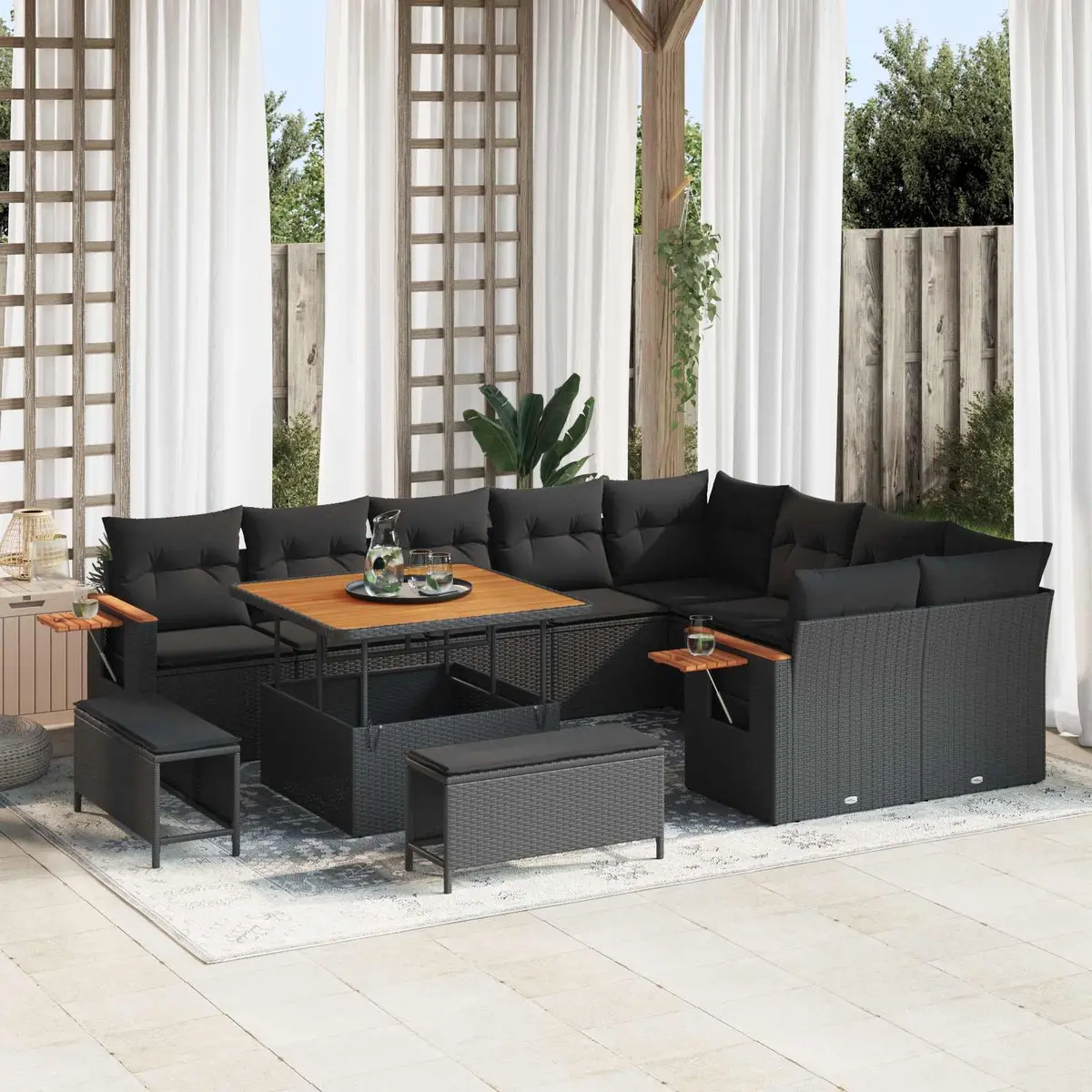 Modular Garden Sofa Set 13 Piece Black Poly Rattan Outdoor Seating with Cushions