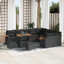 Modular Garden Sofa Set 13 Piece Black Outdoor Seating Poly Rattan Acacia Wood