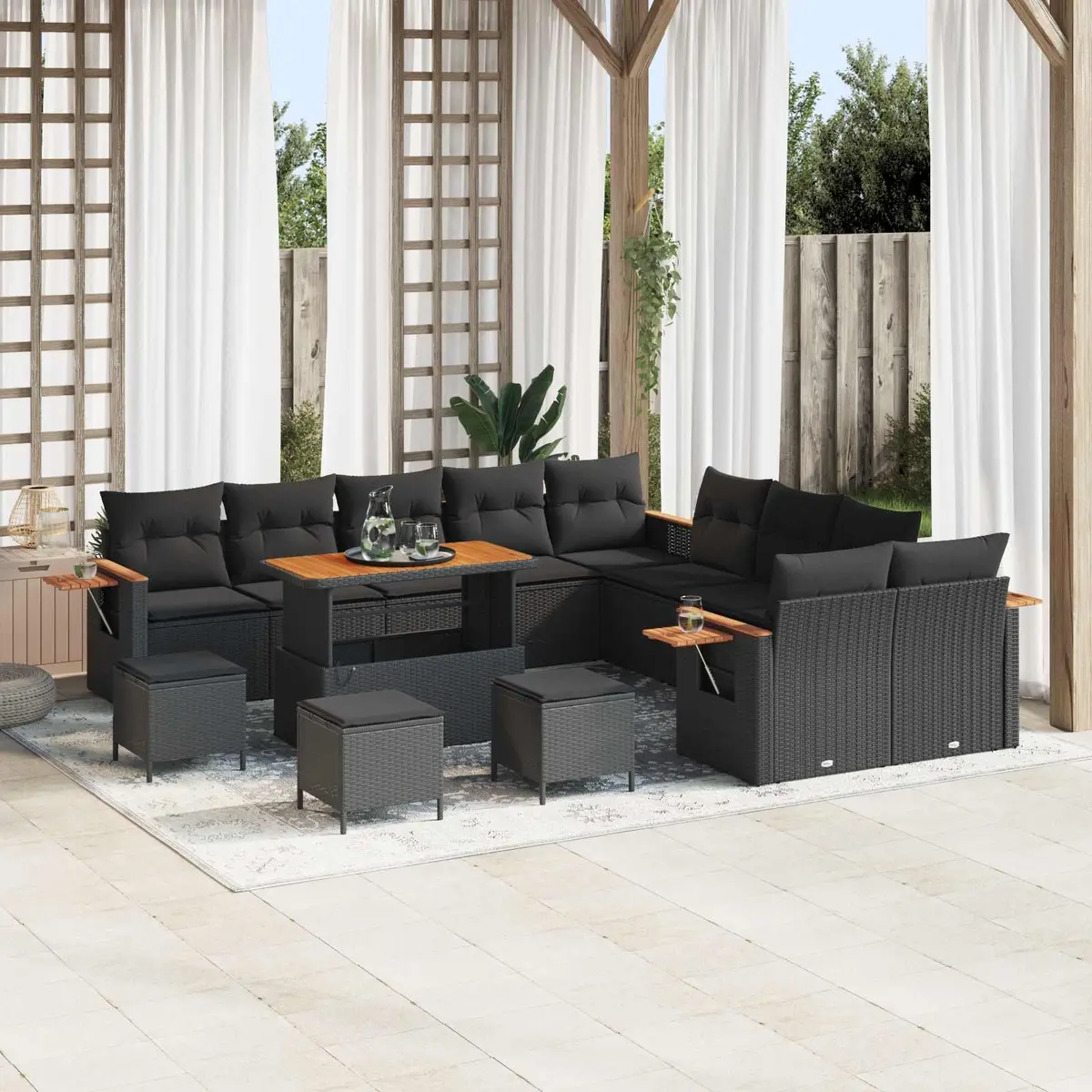 Modular Garden Sofa Set Black Poly Rattan Outdoor Seating with Weather Resistant Cushions