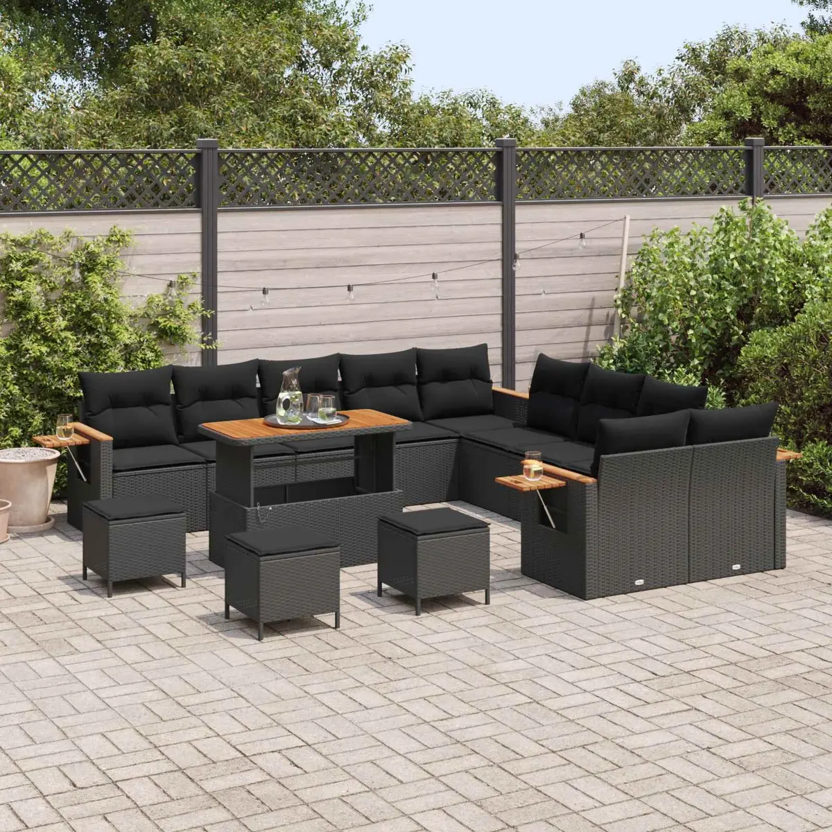 Modular Garden Sofa Set Black Poly Rattan Outdoor Seating with Weather Resistant Cushions