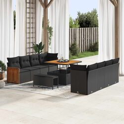 Outdoor Garden Sofa Set Modular Black Poly Rattan Acacia Wood Patio Seating