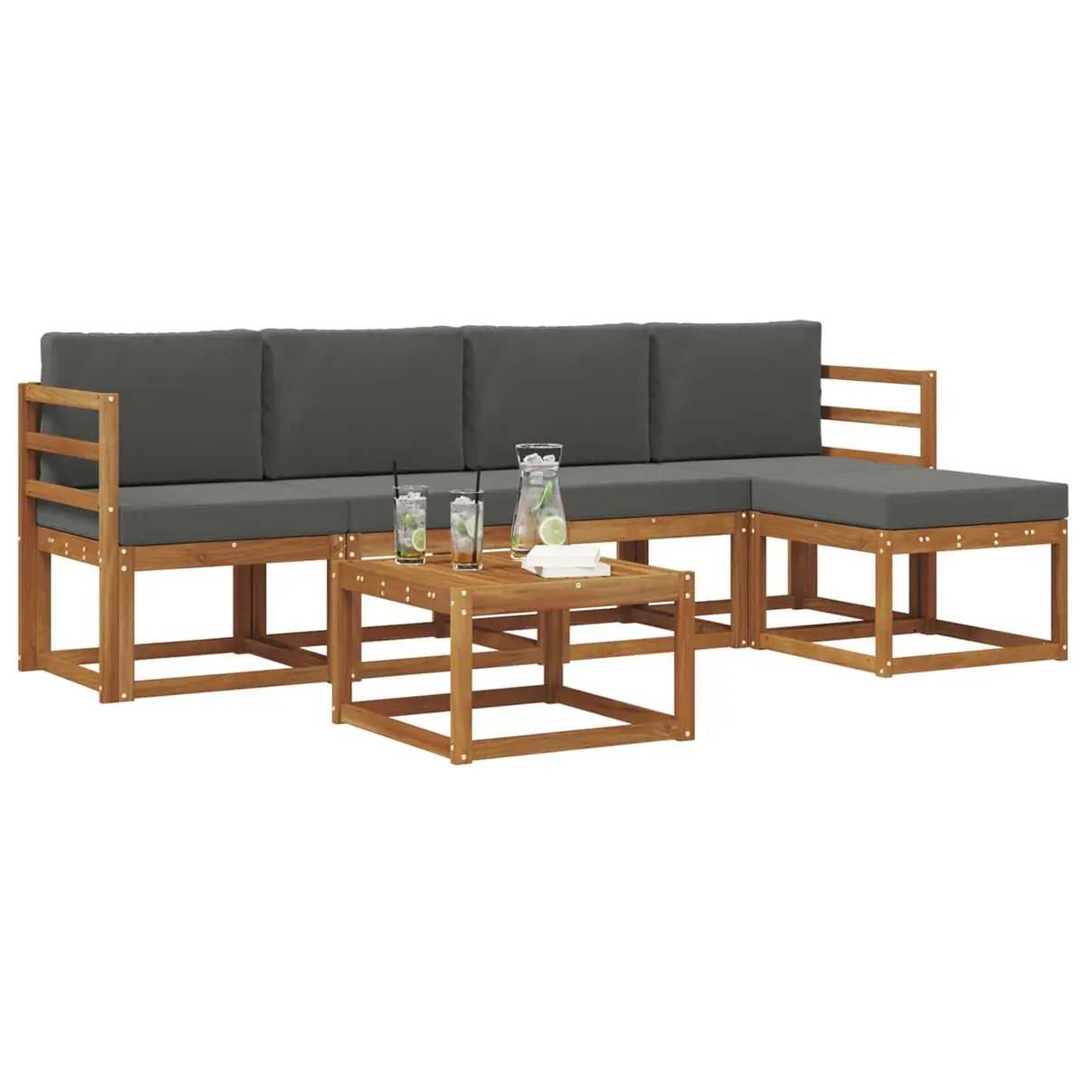 Outdoor Sectional Sofa Set 6 Pieces Solid Acacia Wood Cushioned Natural Acacia with Anthracite Accents