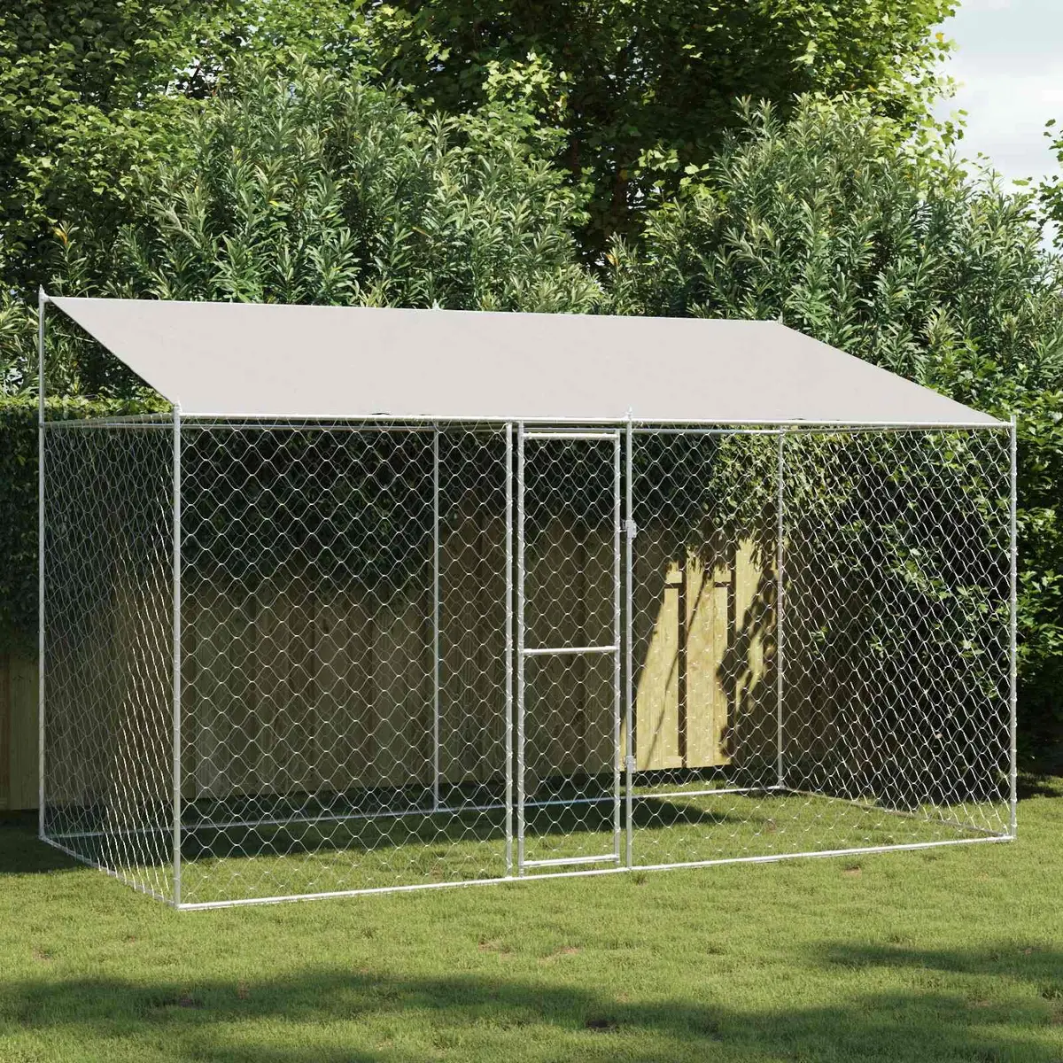 Dog Cage with Roof Outdoor Pet Kennel Run Large Breed Silver 400 x 200 x 256 cm