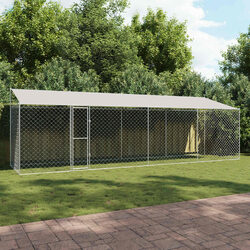 Dog Cage with Roof Outdoor Kennel Run Silver Large Spacious Steel Wire Mesh