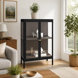 Black Sideboard Storage Cabinet Glass Door Shelving Unit Home Furniture Decor
