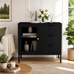 Sideboard Black Storage Cabinet Steel Glass 75x35x70 cm Adjustable Shelf Drawers