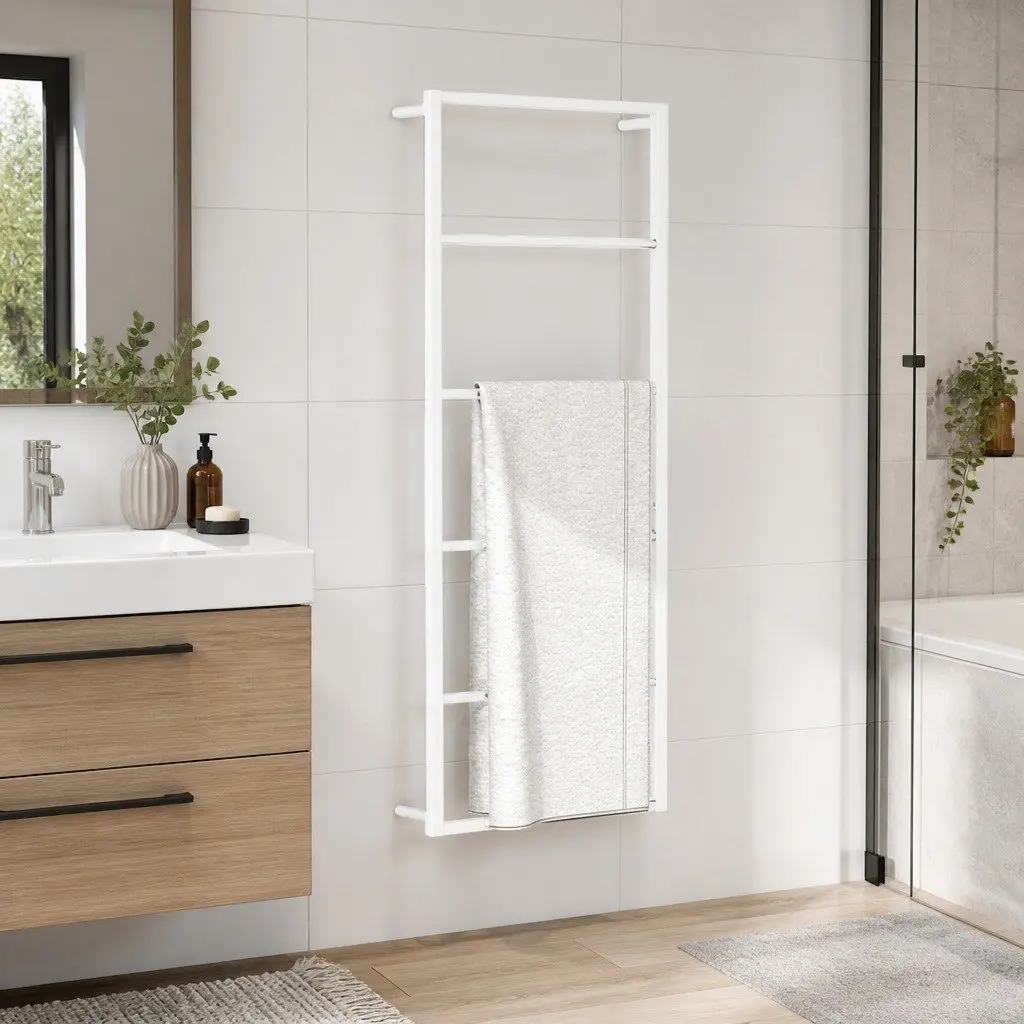 Towel Rack Wall Mount Bathroom Storage Steel White 45x10x115 cm Holder