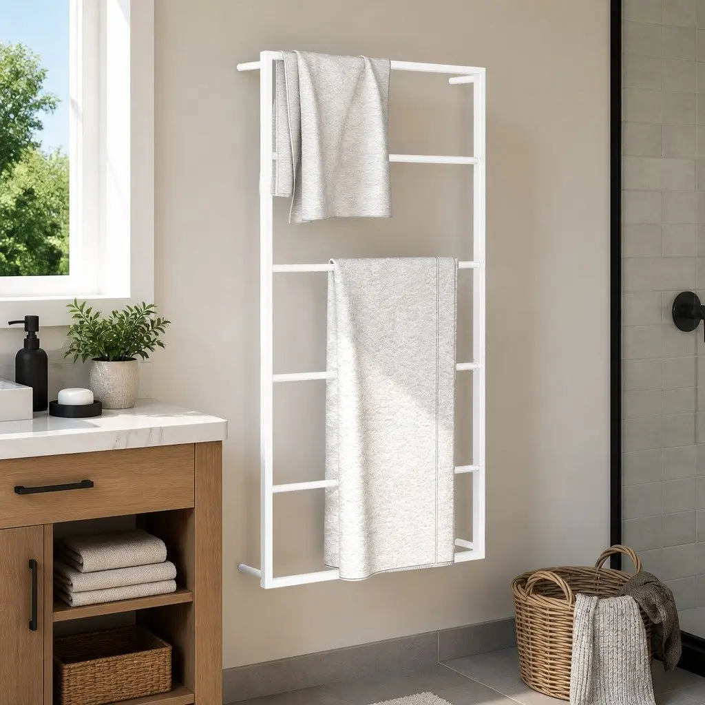 Towel Rack White Steel Wall Mount Bathroom Holder Organizer Stand