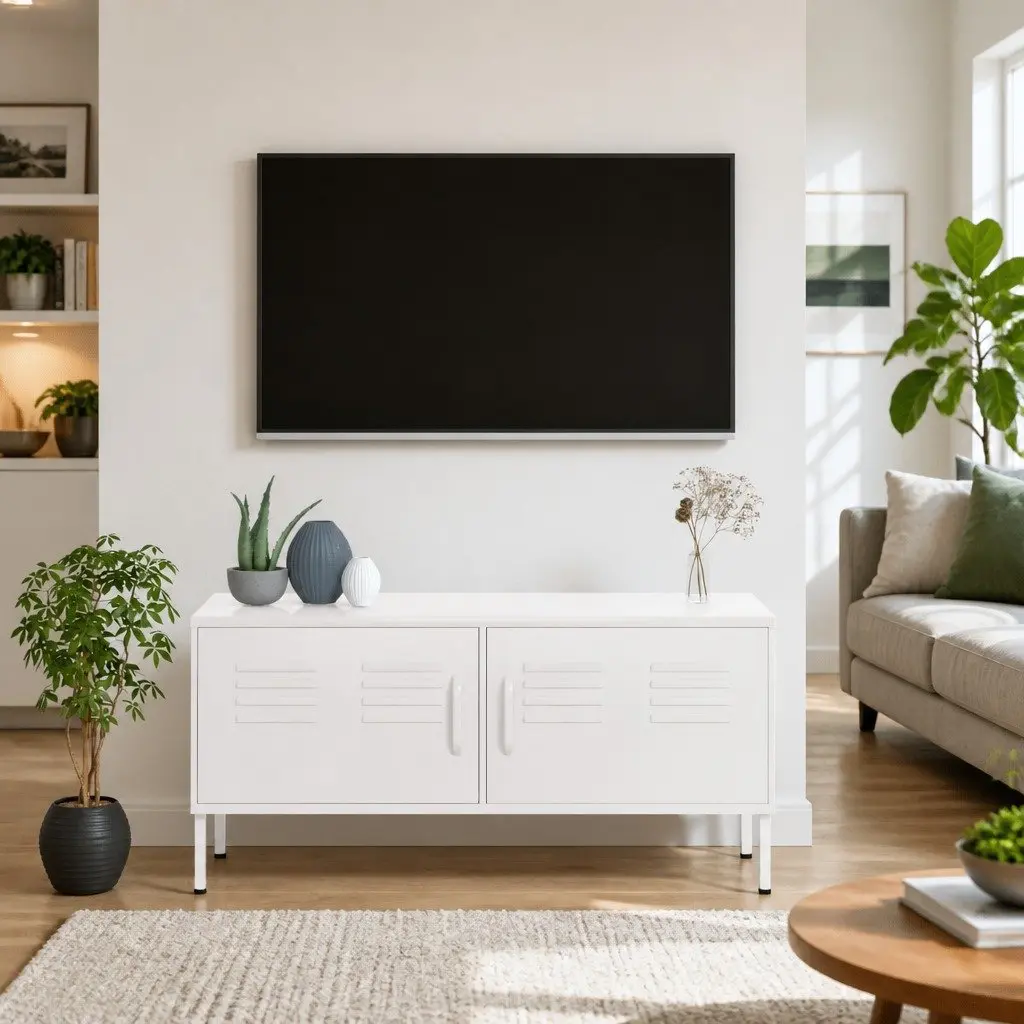 TV Cabinet White Steel Living Room Storage Unit with Doors and Shelf