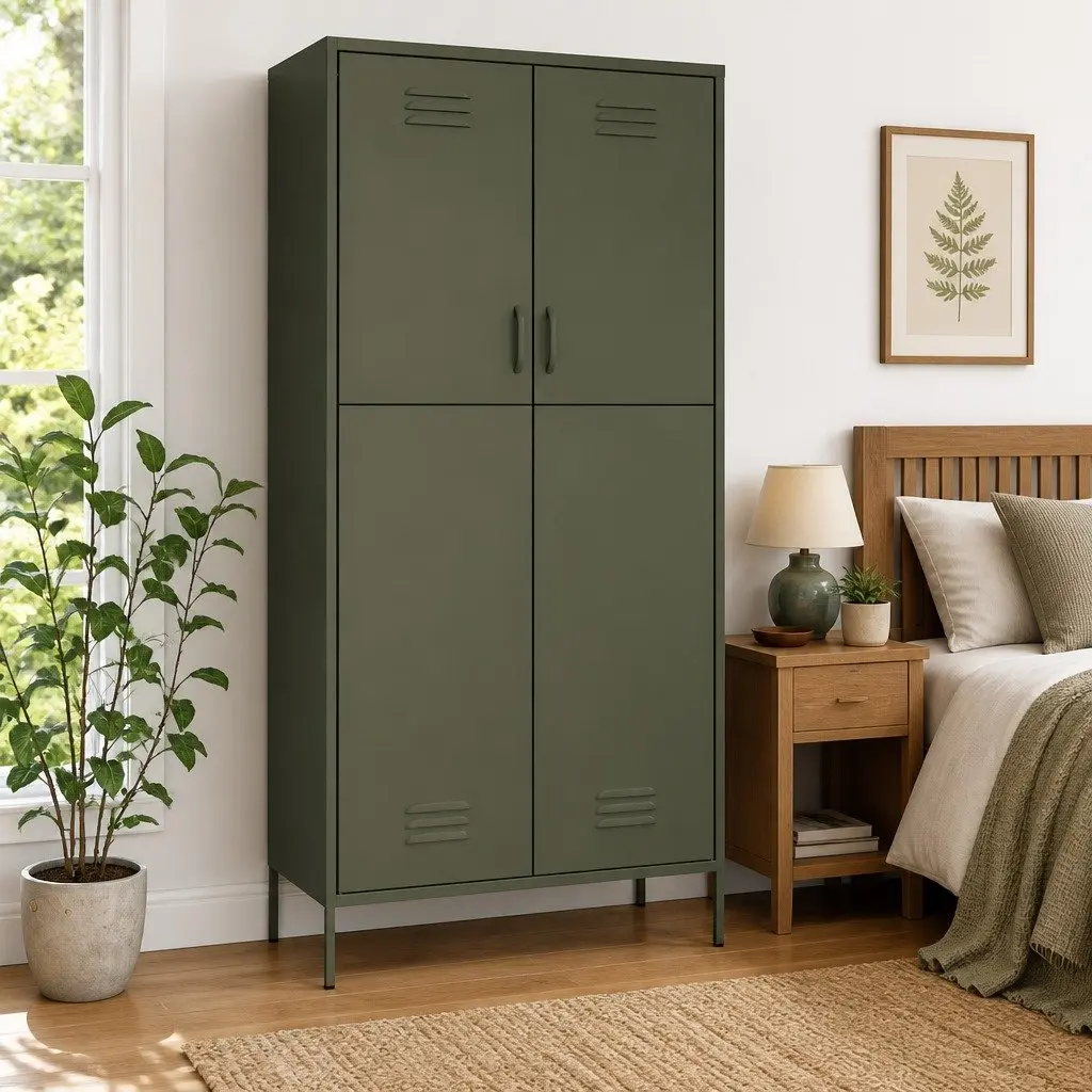 Steel Wardrobe Cupboard with Adjustable Shelves and Hanging Rod Olive Green 90W x 50D x 180H cm