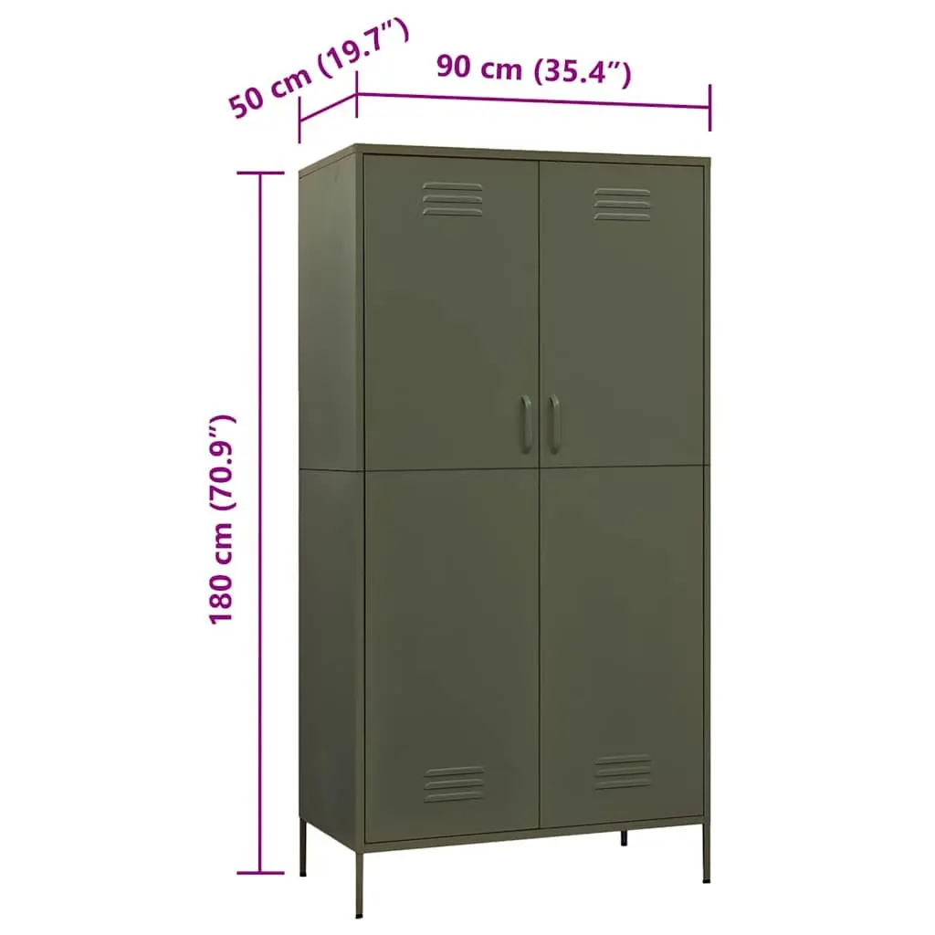Steel Wardrobe Cupboard with Adjustable Shelves and Hanging Rod Olive Green 90W x 50D x 180H cm