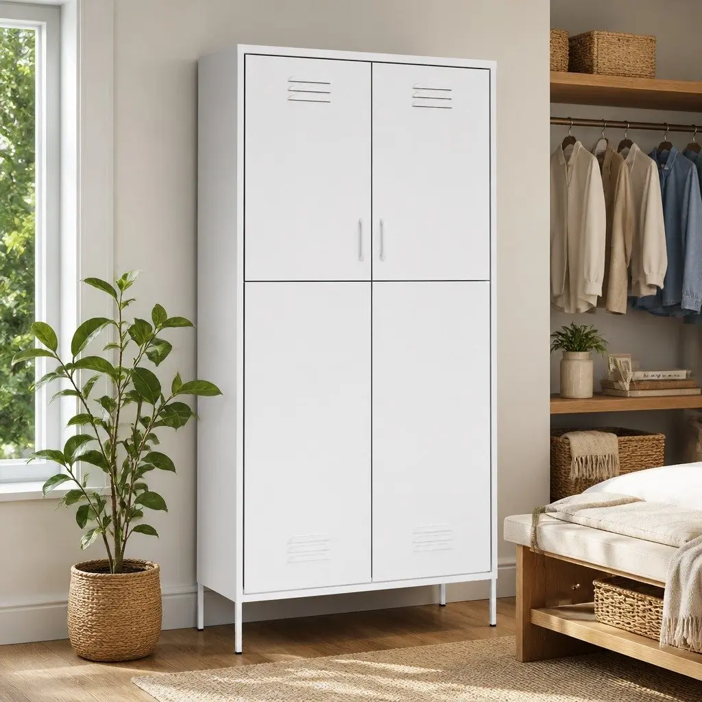 White Steel Wardrobe Cupboard 4 Shelves Hanging Rod Storage Cabinet Organiser