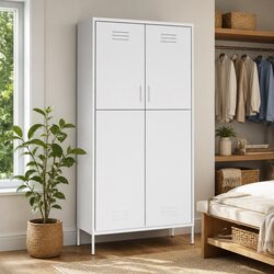 White Steel Wardrobe Cupboard 4 Shelves Hanging Rod Storage Cabinet Organiser