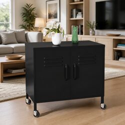 Steel Storage Cabinet 60x35x56cm Black Locking Wheels Adjustable Shelf Organizer