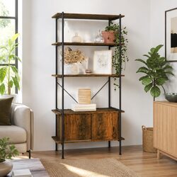 5-Tier Shelving Unit with Cabinet Storage Bookcase Standing Shelf Brown