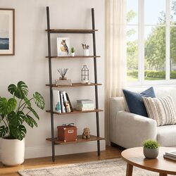 5-Tier Leaning Shelf Storage Bookcase Dark Brown Black Steel Frame Home Office