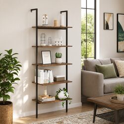 5-Tier Leaning Shelf Dark Brown Black Storage Bookcase Standing Shelves Home
