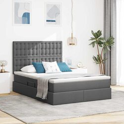 LED Storage Bed with Mattress Dark Grey Queen Size Upholstered Headboard