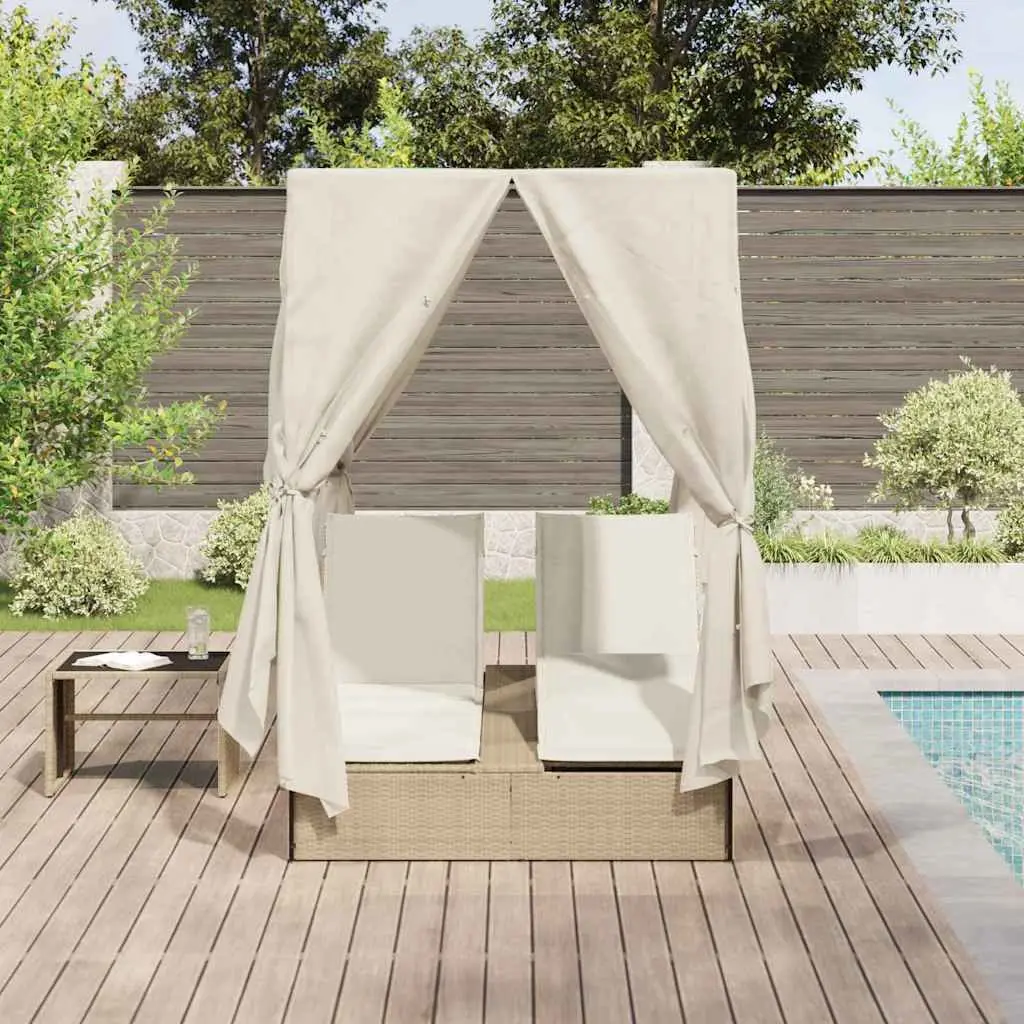 Double Sun Lounger Outdoor Bed with Roof Curtains Adjustable Backrest Beige Poly Rattan