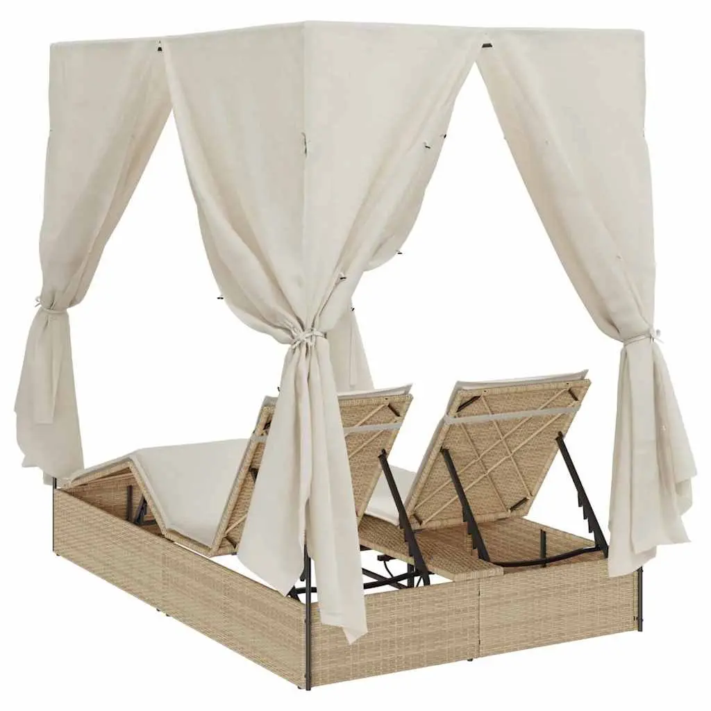 Double Sun Lounger Outdoor Bed with Roof Curtains Adjustable Backrest Beige Poly Rattan