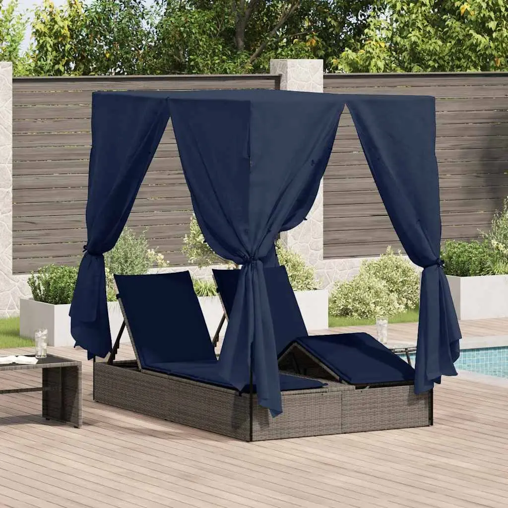 Double Sun Lounger Poly Rattan Outdoor Day Bed with Canopy Roof Curtains Grey