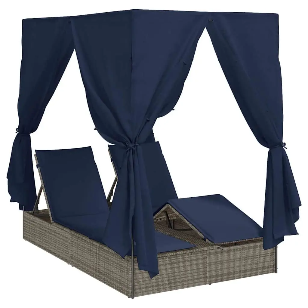 Double Sun Lounger Poly Rattan Outdoor Day Bed with Canopy Roof Curtains Grey