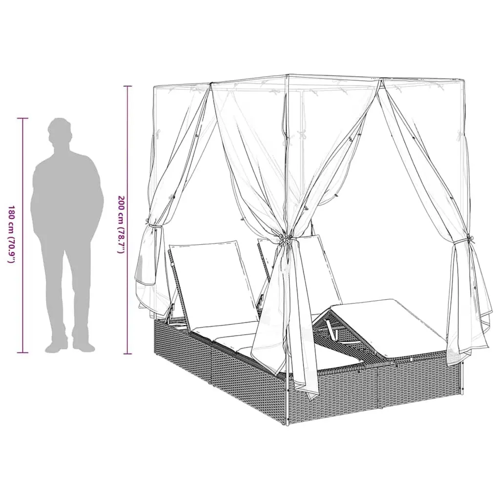 Double Sun Lounger Poly Rattan Outdoor Day Bed with Canopy Roof Curtains Grey