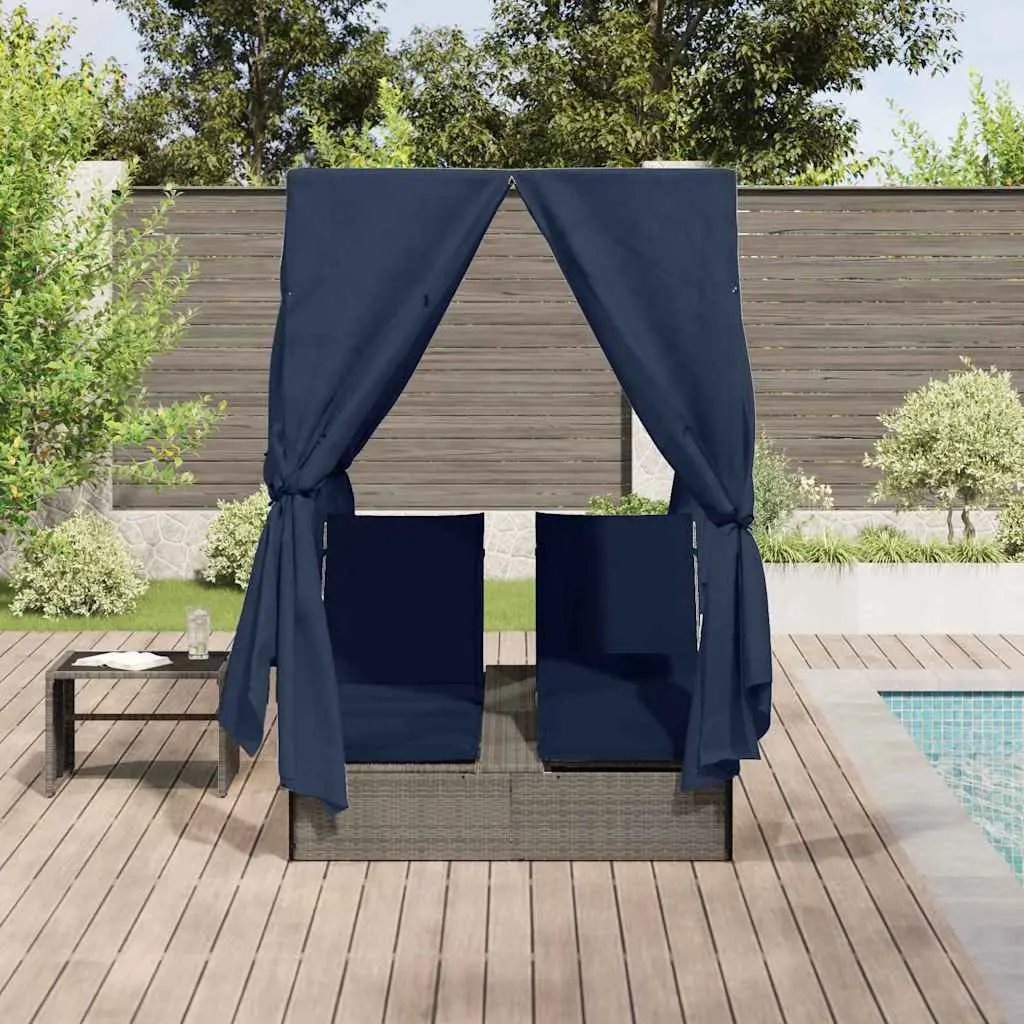 Double Sun Lounger Poly Rattan Outdoor Day Bed with Canopy Roof Curtains Grey