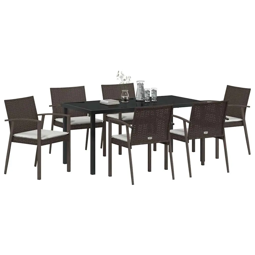 Garden Dining Set 7 Piece Outdoor Furniture PE Rattan Steel Frame Brown Black
