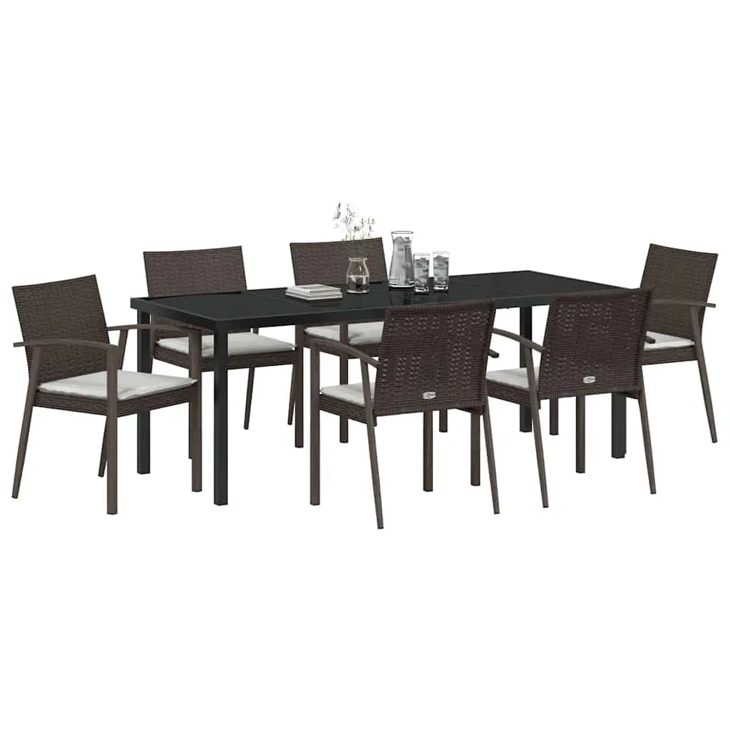 Garden Dining Set 7 Piece PE Rattan Steel Frame Brown Black Outdoor Furniture